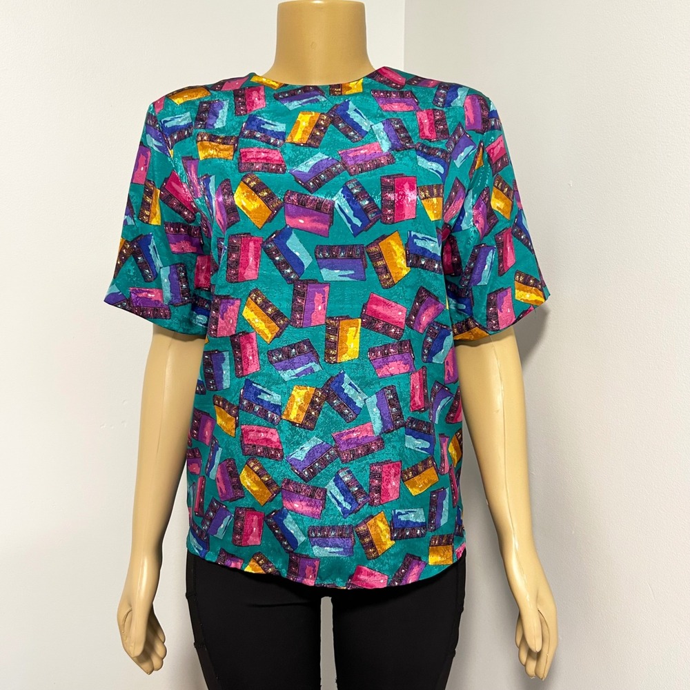 Southern Lady Womens Teal Book Print Short Sleeve Button Back Blouse Top Size 8